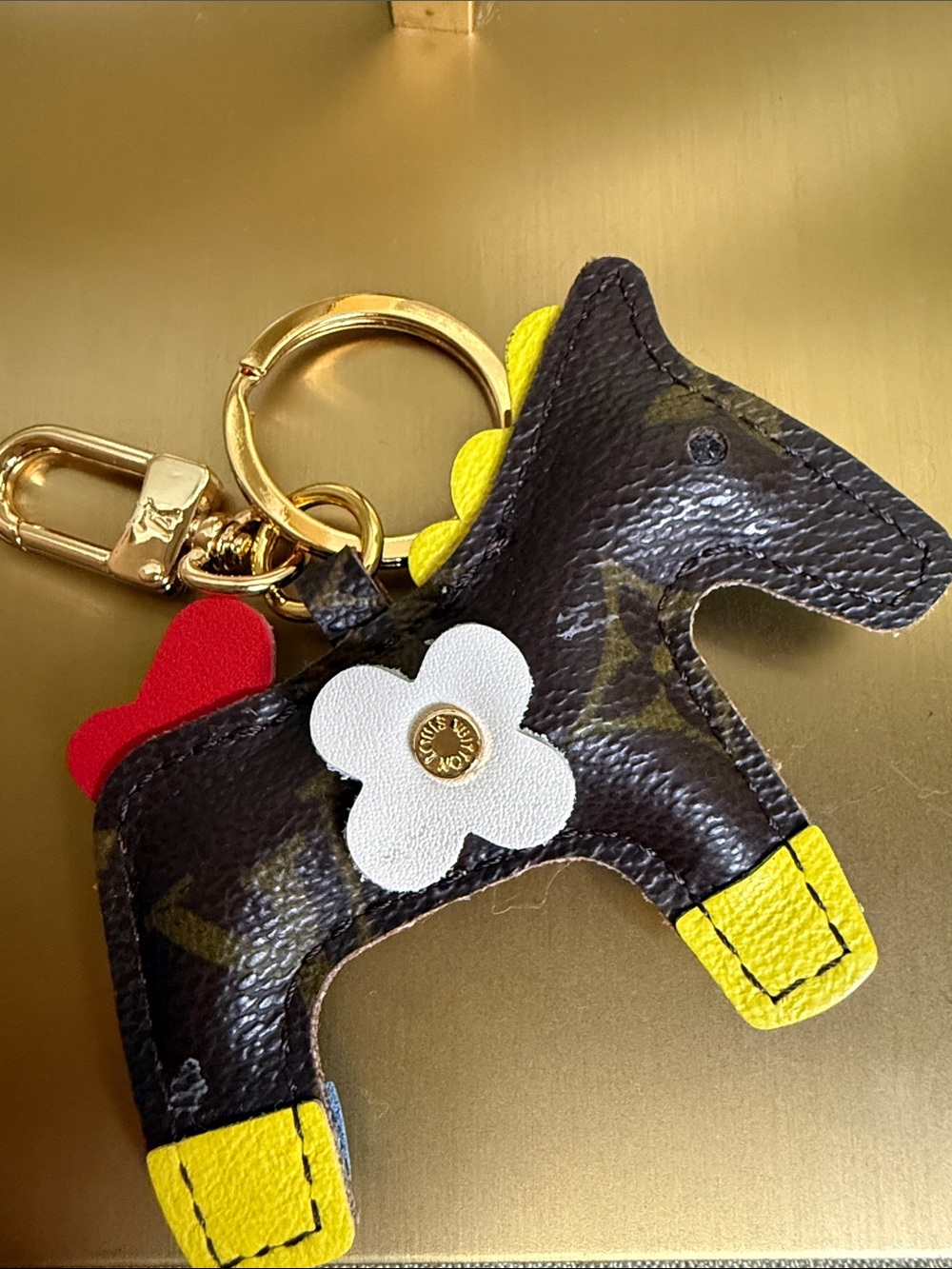 Upcycle Designer-Inspired Brown Horse Keychain with White Flower Accent
